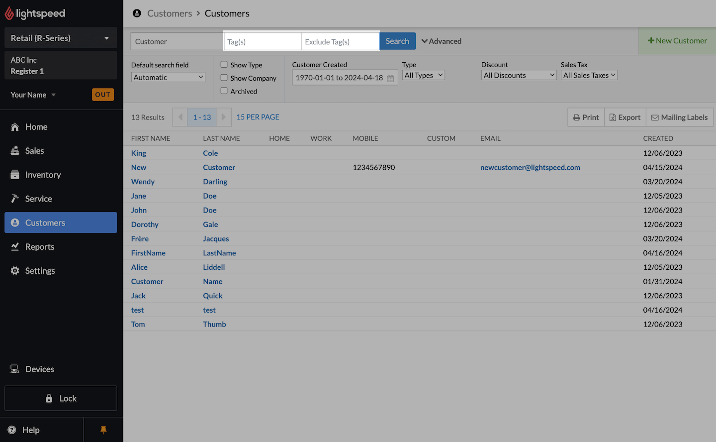 Pagina met klantenlijst, waarbij het veld Tag(s) is uitgelicht.