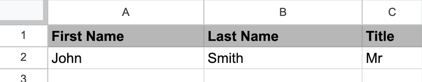 The customer data import spreadsheet showing the columns First Name, Last Name, and Title.