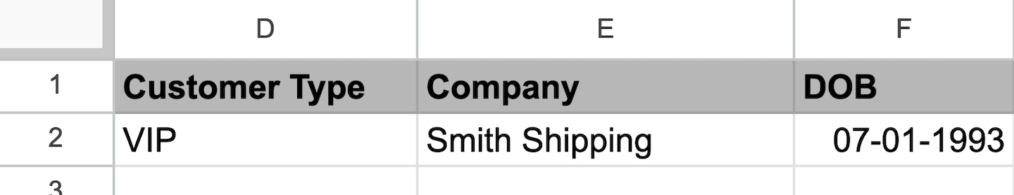 The customer data import spreadsheet showing the columns Customer Type, Company, and DOB.