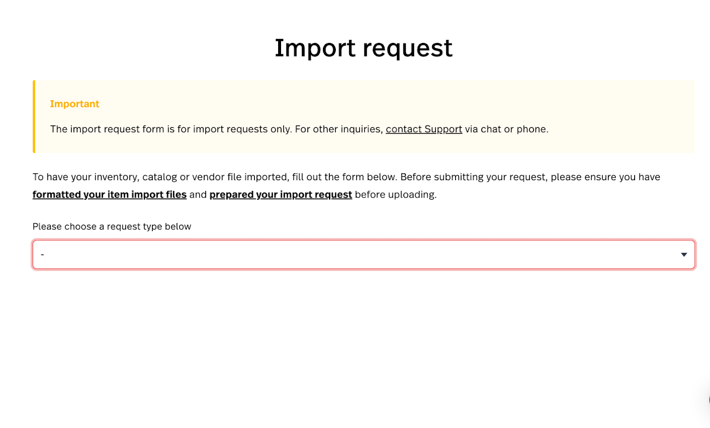Formulaire de demande d’importation de Lightspeed présentant le menu déroulant pour sélectionner le type d’importation.