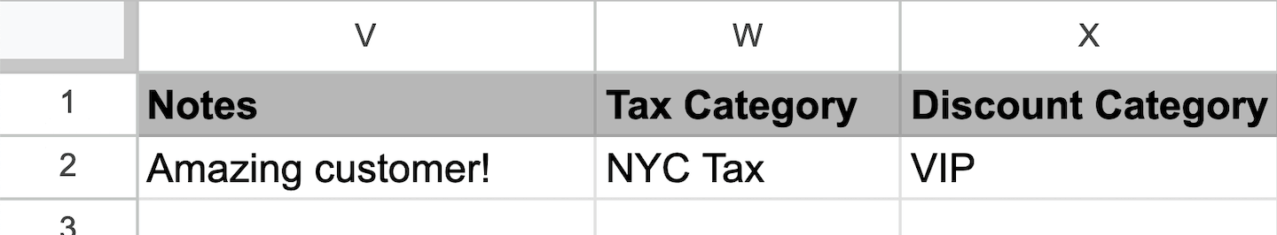 Feuille de calcul d’importation des données clients comportant les colonnes Notes, Tax Category et Discount (Commentaires, Catégorie de taxe et Réduction).