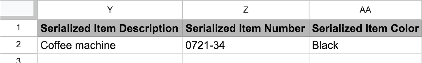 The customer data import spreadsheet showing the columns Serialized Item Description, Serialized Item Number, and Serialized Item Color.