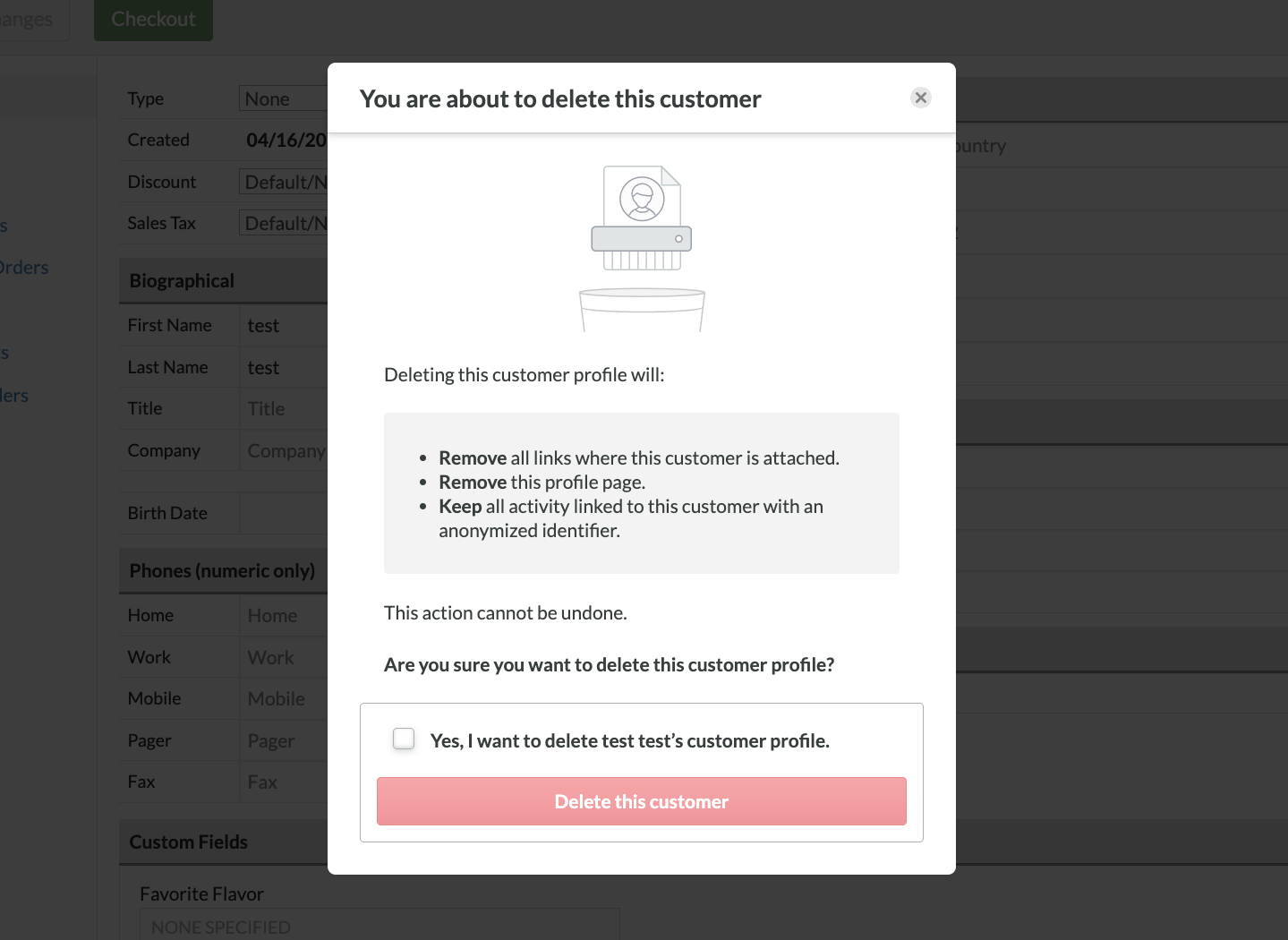 Pop-up listing warning about customer deletion being irreversible.