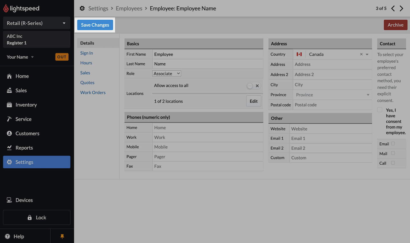 De pagina Werknemer, waarbij de knop Wijzigingen opslaan is uitgelicht.