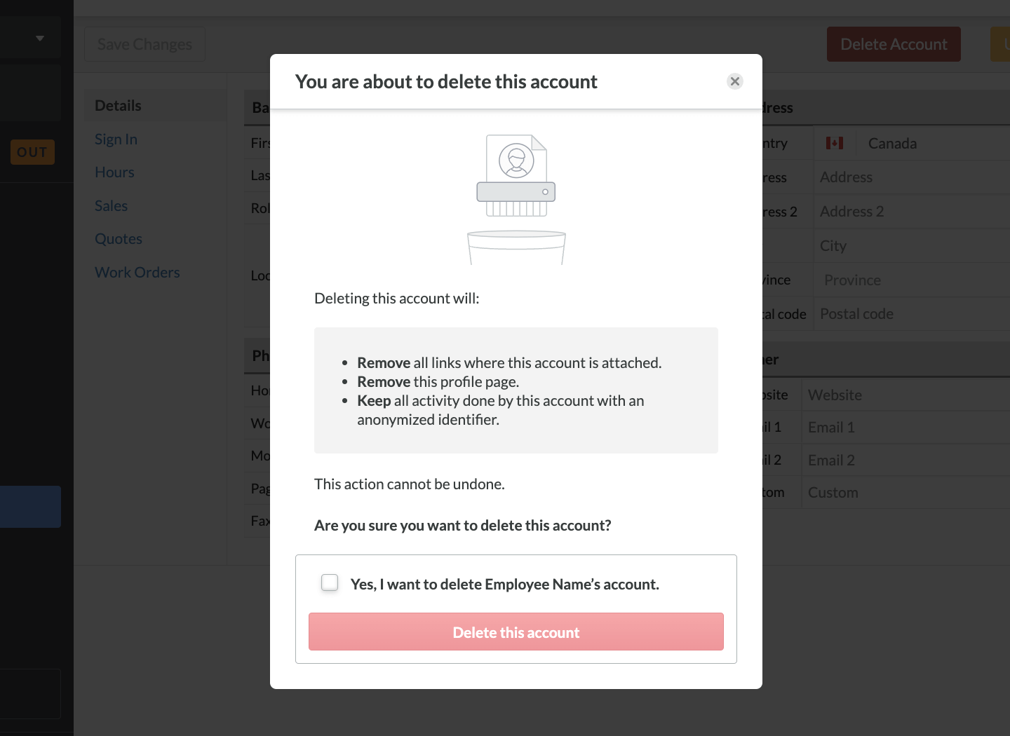 Pop-up warning about consequences of account deletion.