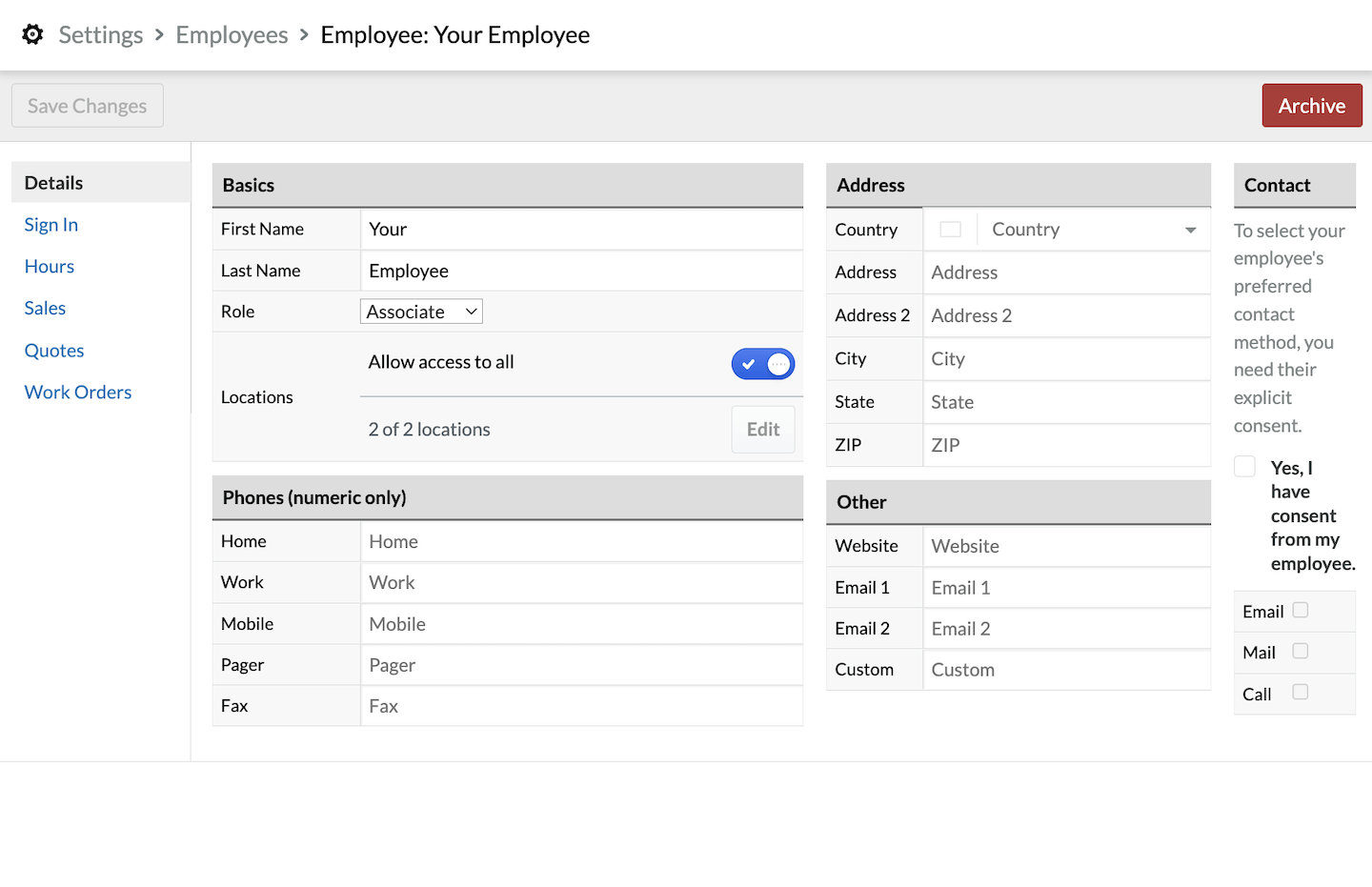 Employee page with Allow access to all toggle selected.
