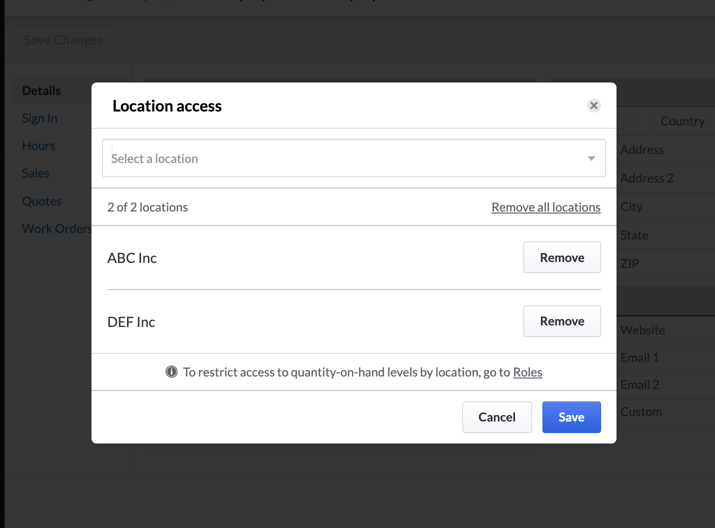 Pop-up window listing locations, with options to Remove a location from the employee.