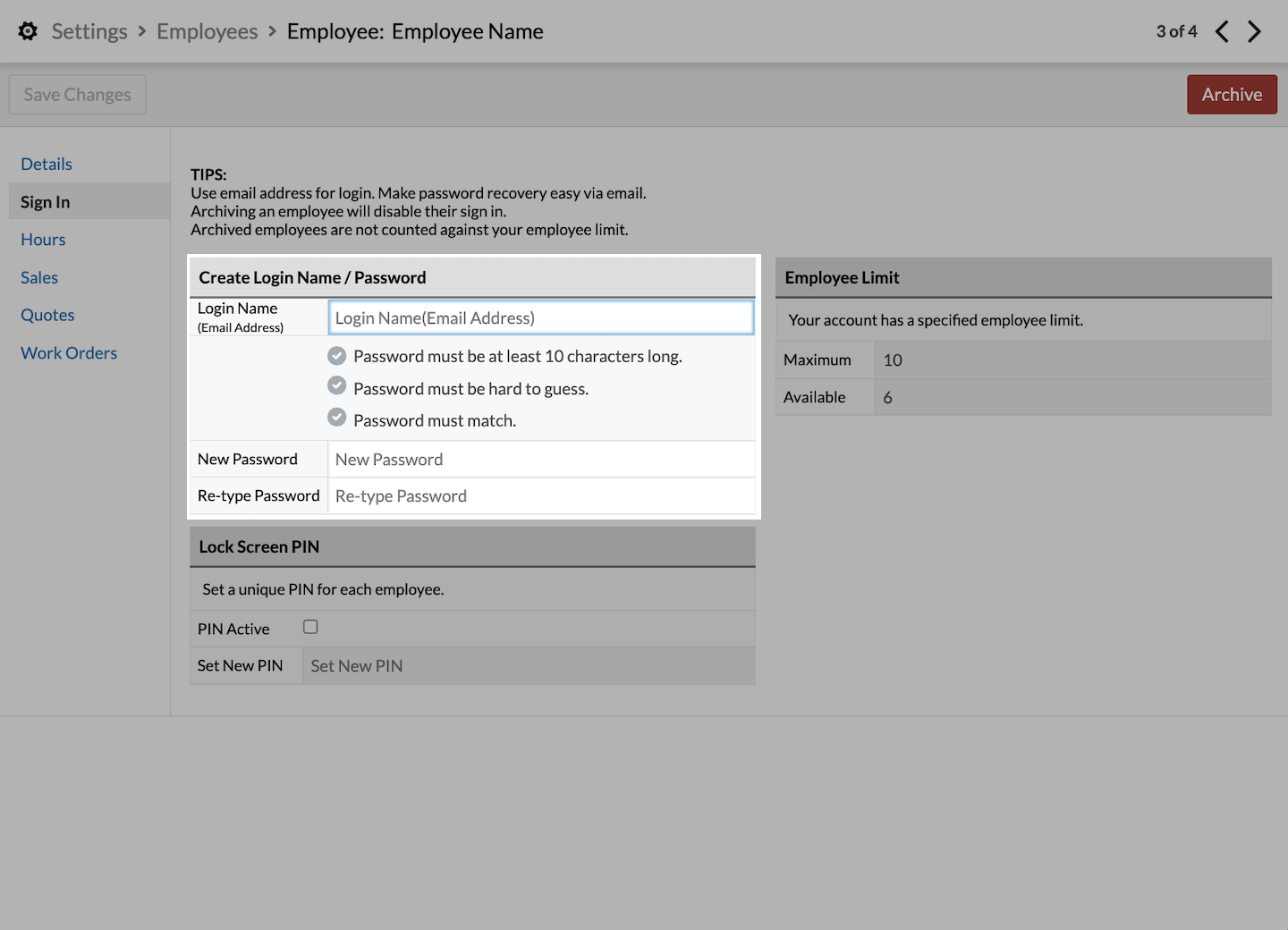 Page Connexion, la section Créer les identifiants de connexion est mise en évidence.