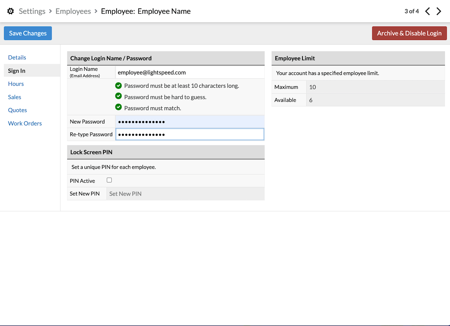 Sign In page with Login section filled out and Save Changes button visible.