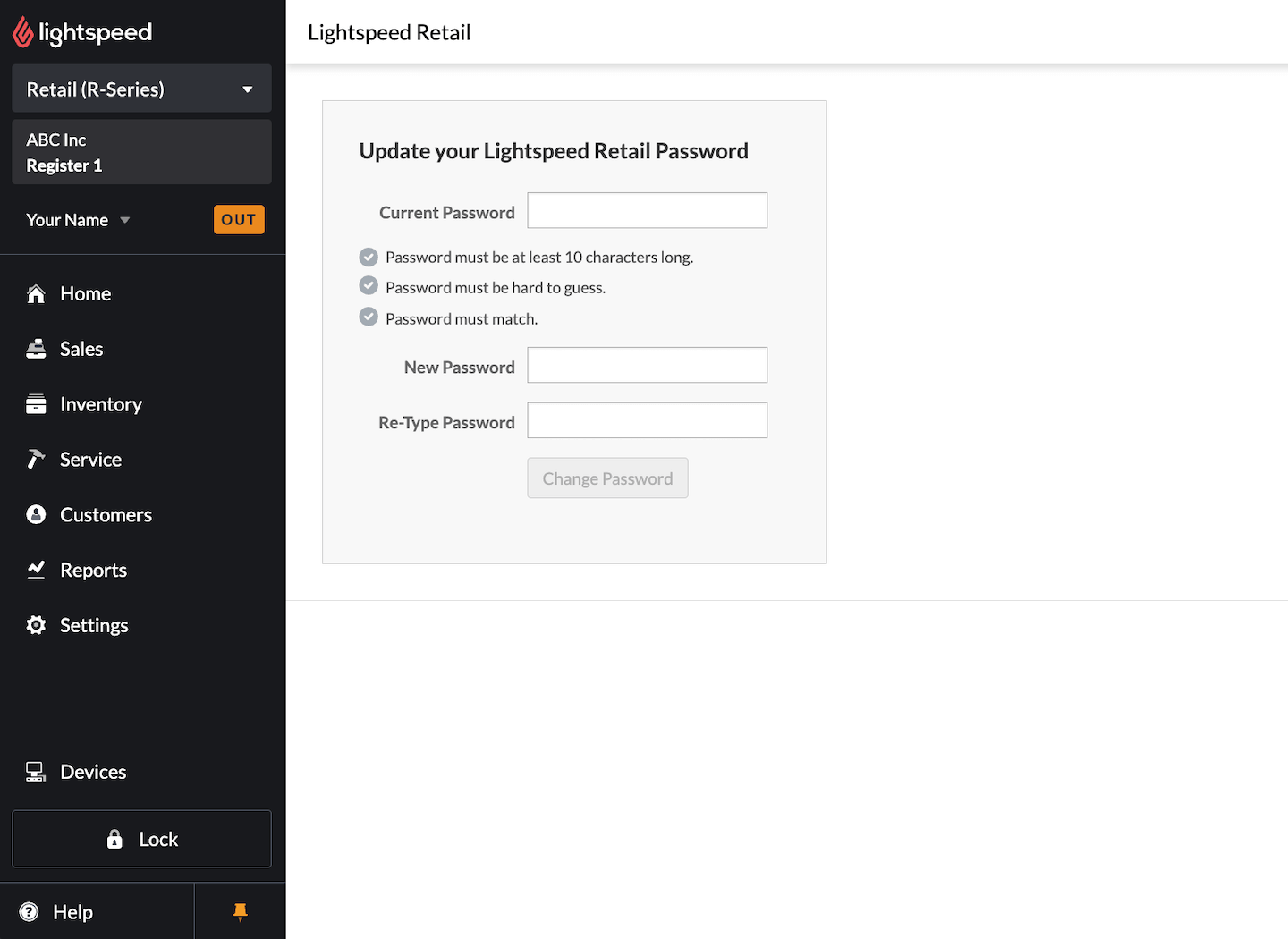 Update your Lightspeed Retail Password page.