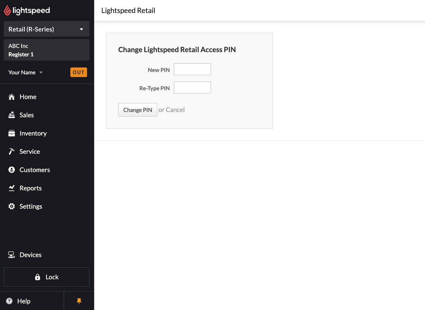 Change Lightspeed Retail Access PIN page.