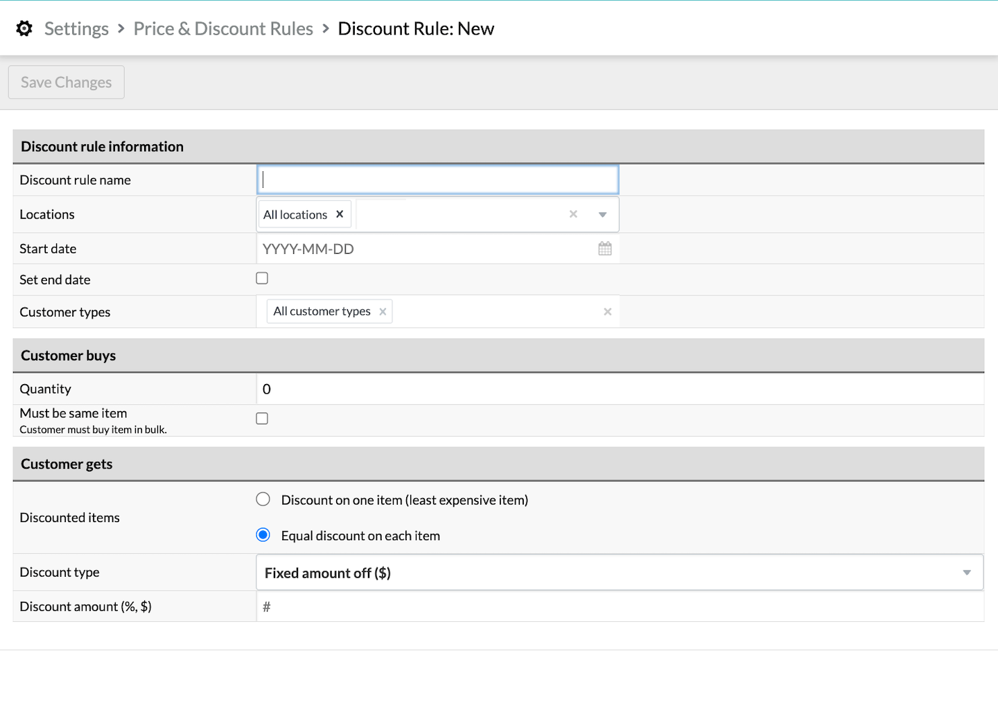 New Discount Rule page with fields for options relating to the new rule.