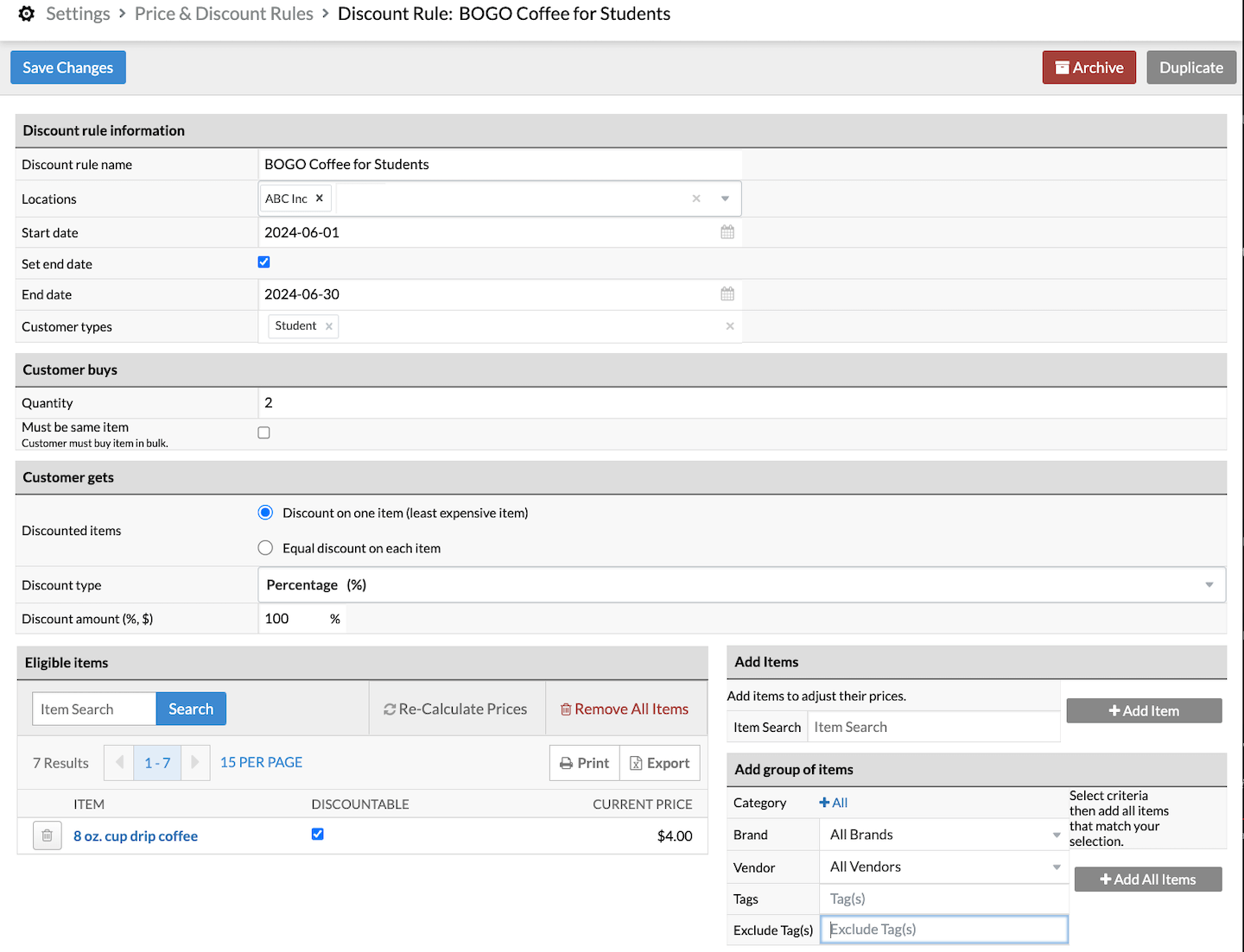 Page de la règle de réduction, de nouvelles options permettent d’ajouter des articles à la règle.