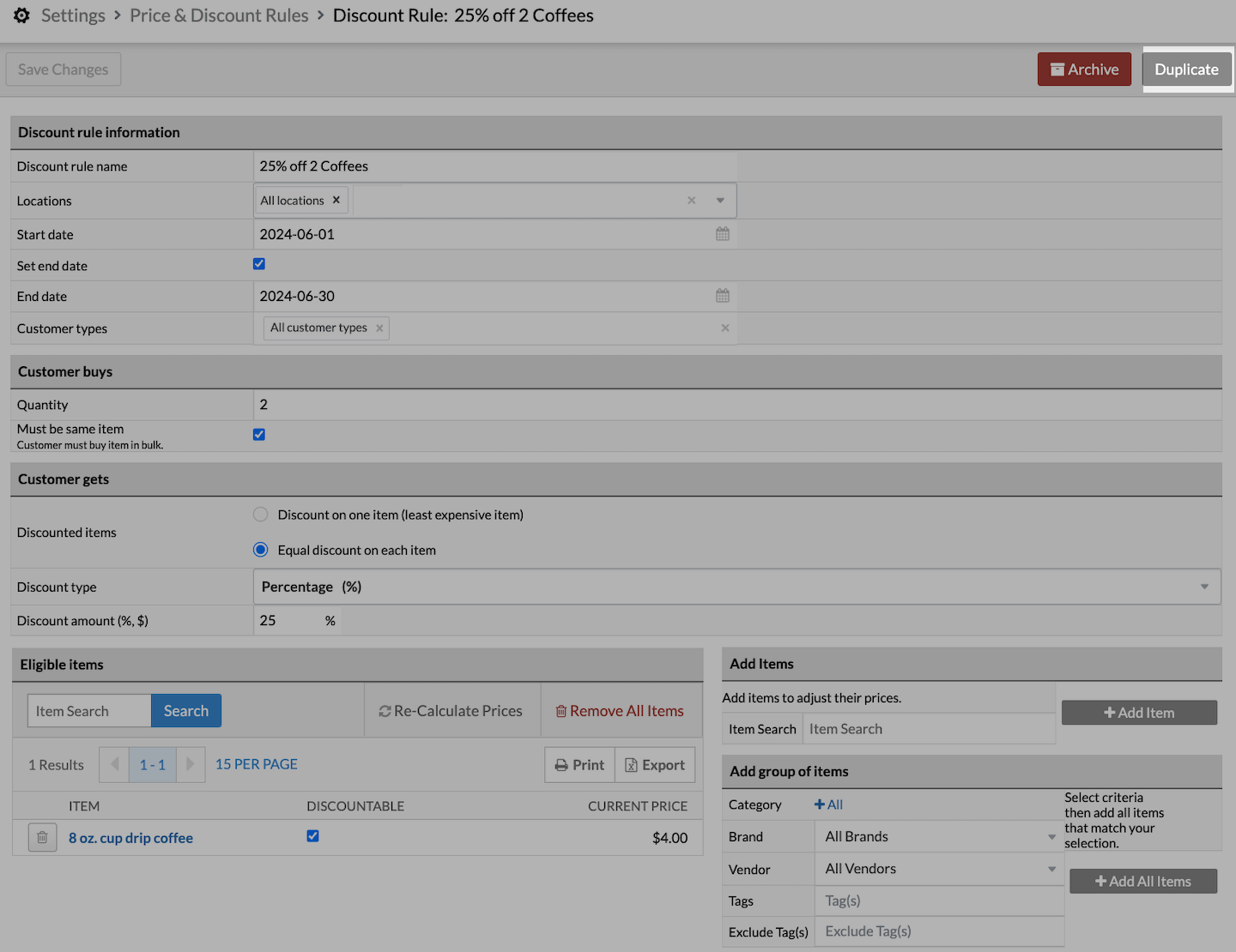 Discount Rule for 25% off 2 Coffees, with Duplicate option emphasized.