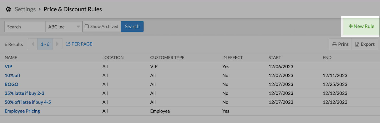 List of Price & Discount rules with New Rule emphasized.