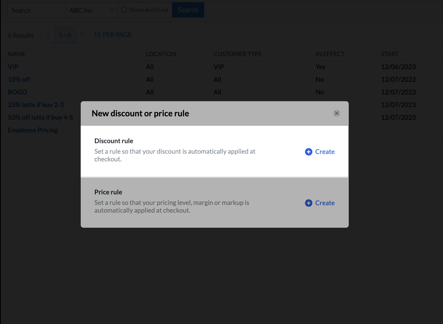 Modal with option to create a new Discount rule (emphasized) or Price rule.