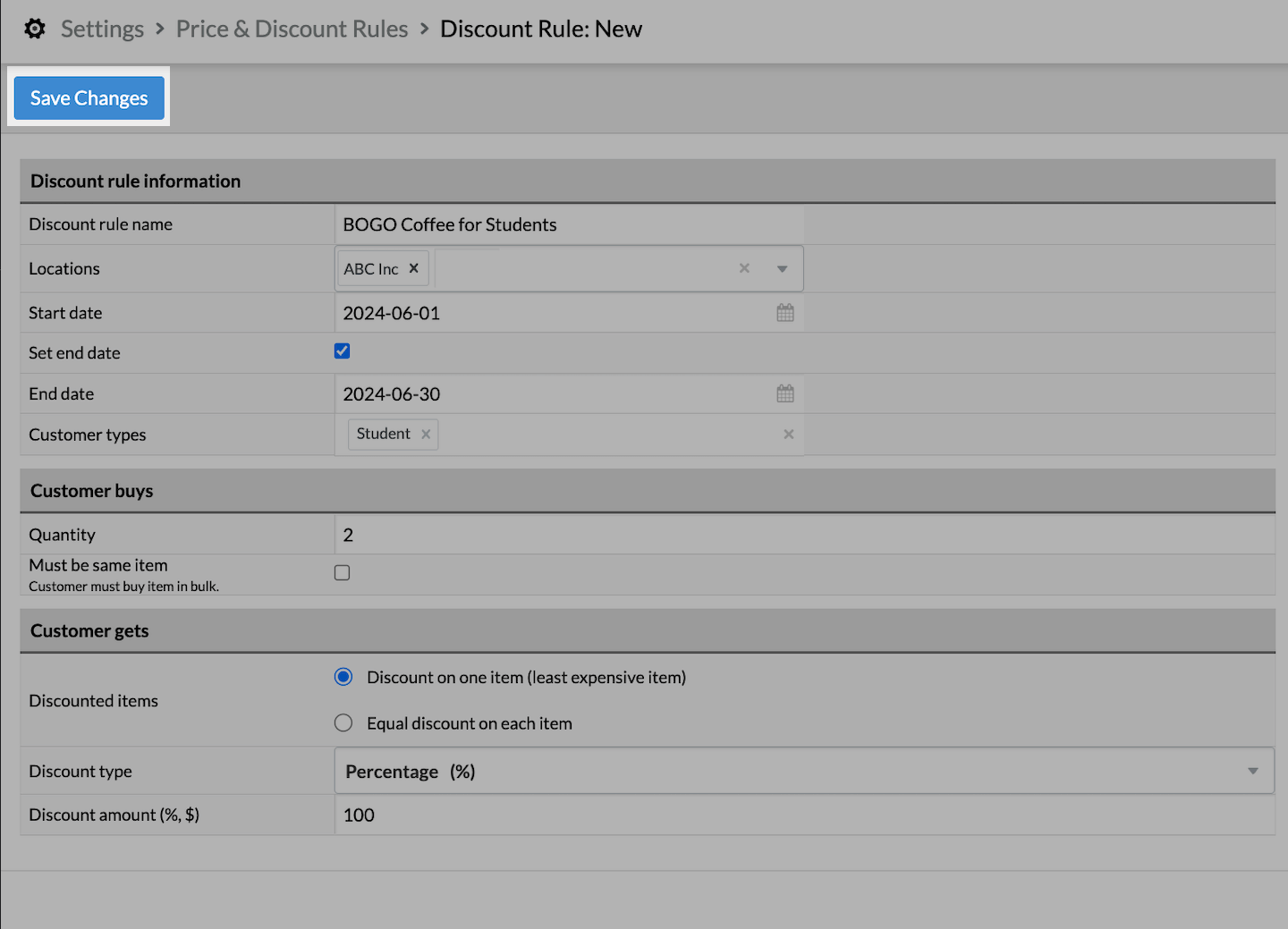 New Discount Rule page with fields filled in and Save Changes option emphasized.