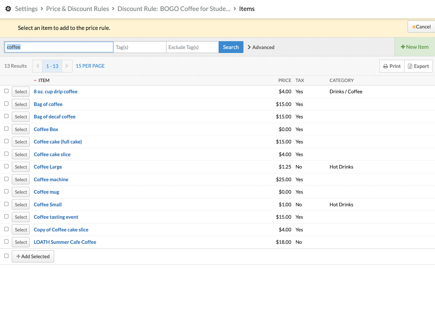 List of items with options to select one or multiple items to add to the rule.