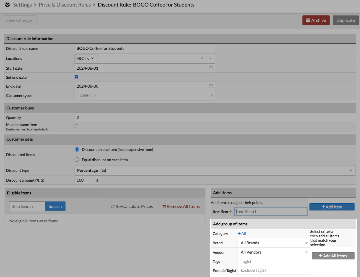 Discount Rule page with Add group of items section emphasized.