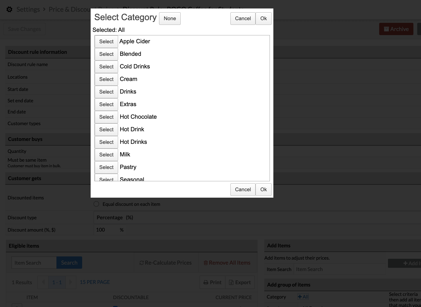 Modal with option to select a category of items.