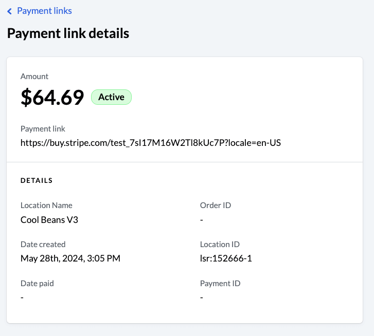 Payment link details.