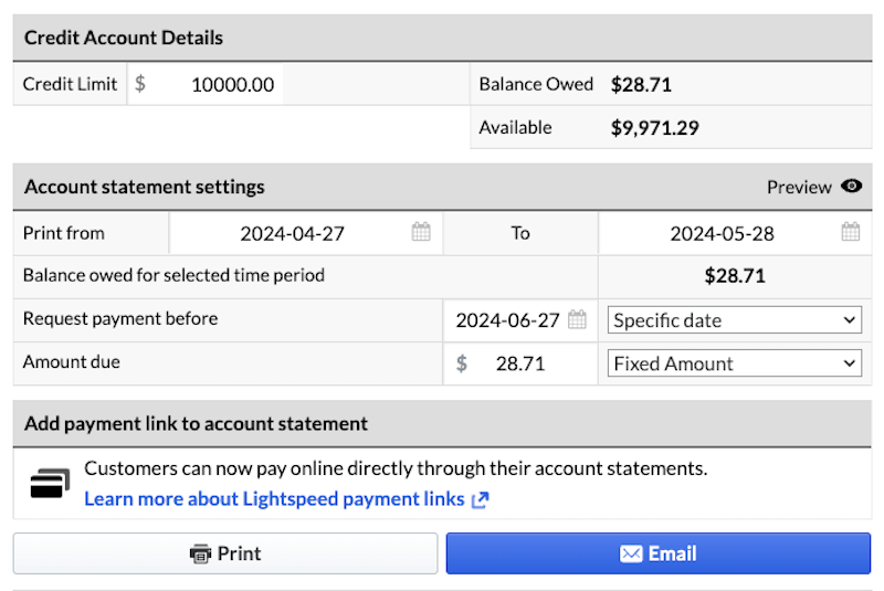 Credit Account Details and Account statement settings.