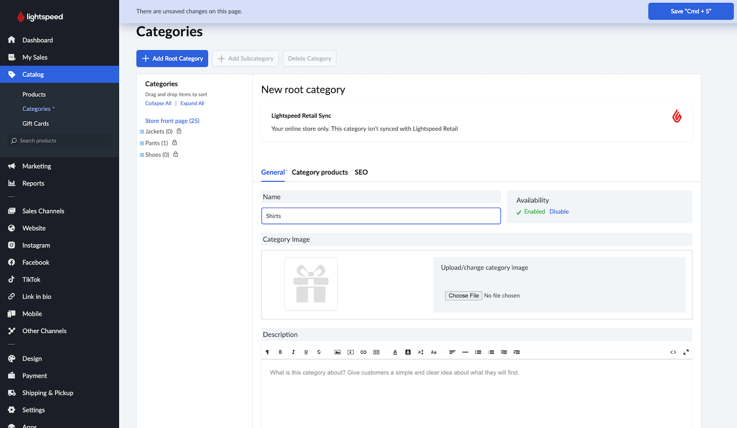 New root category page with name entered and Save button present.