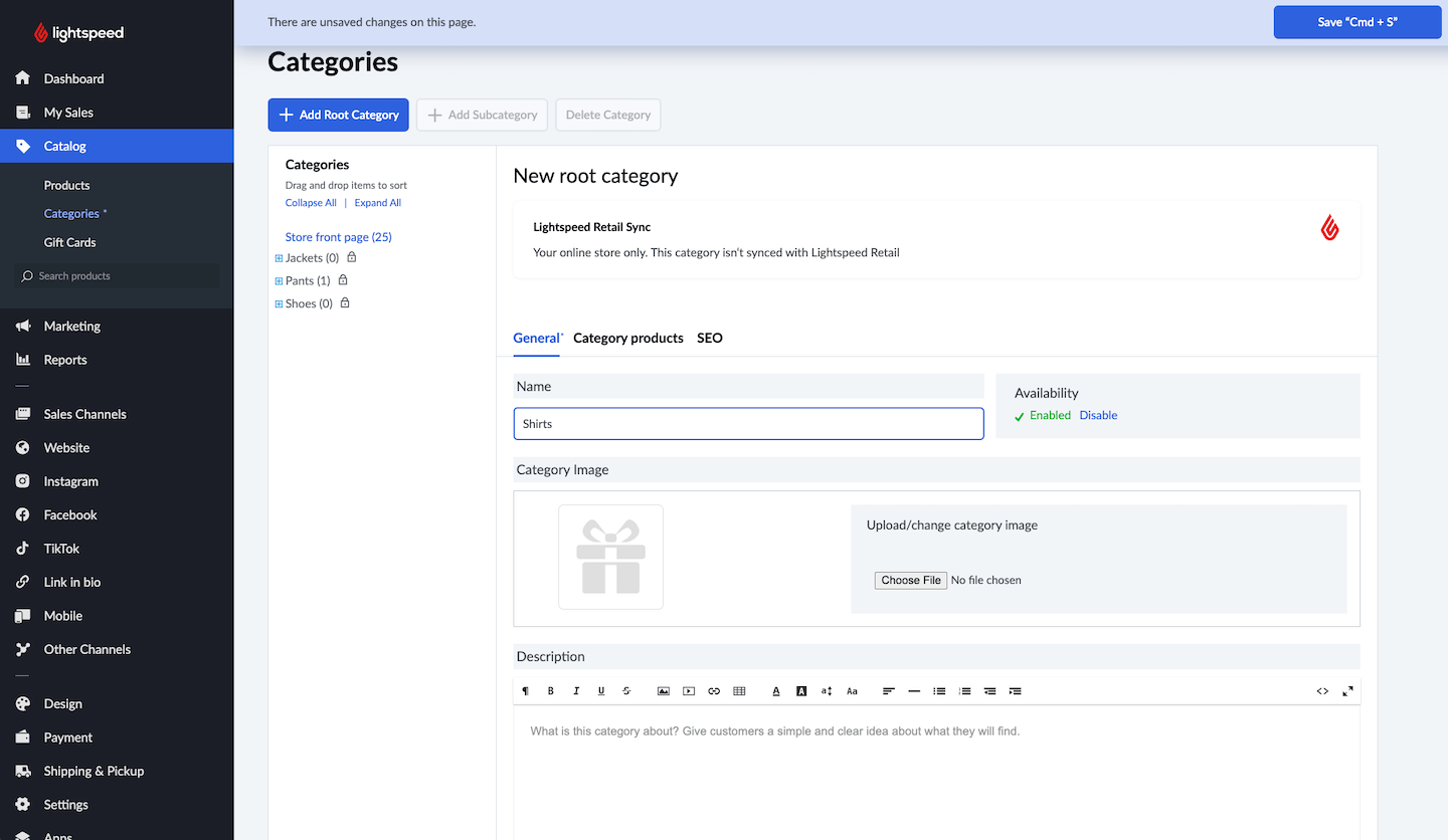 Page Nouvelle catégorie racine, le nom de la catégorie est saisi et le bouton Enregistrer est visible.