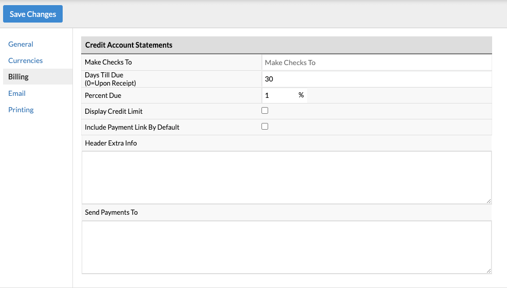 Credit Account Statements setup.