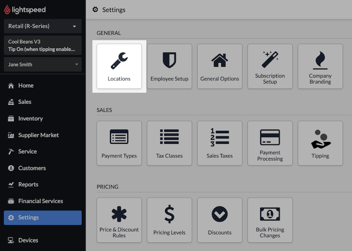Settings page with Locations highlighted