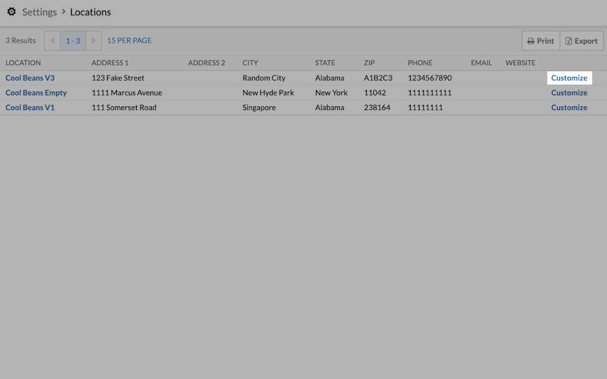 Locations page with Customize highlighted