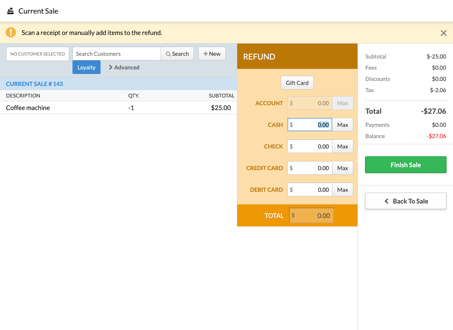 Transaction de remboursement avec un total négatif, la section Remboursement est en orange.