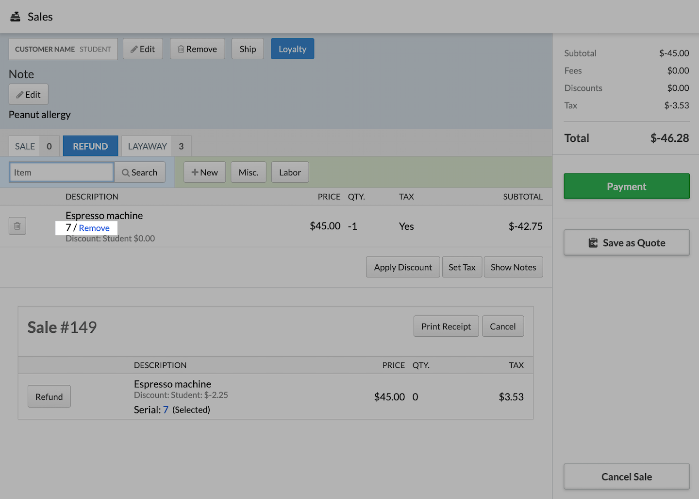 Refund tab with serialized item added and Remove option emphasized.