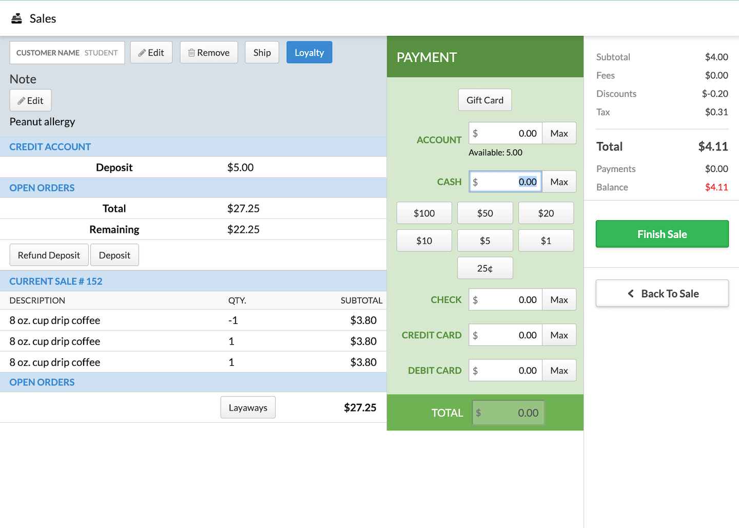 Refund transaction with positive total and green Payments section.