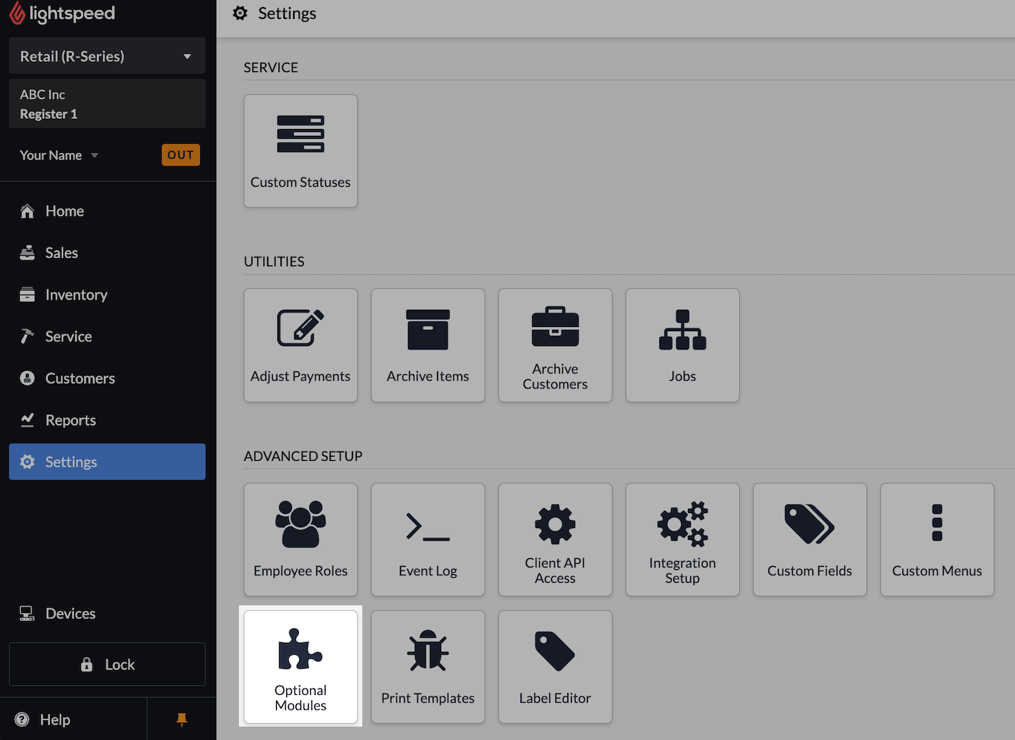 Page des paramètres, le bouton Modules facultatifs est mis en évidence.