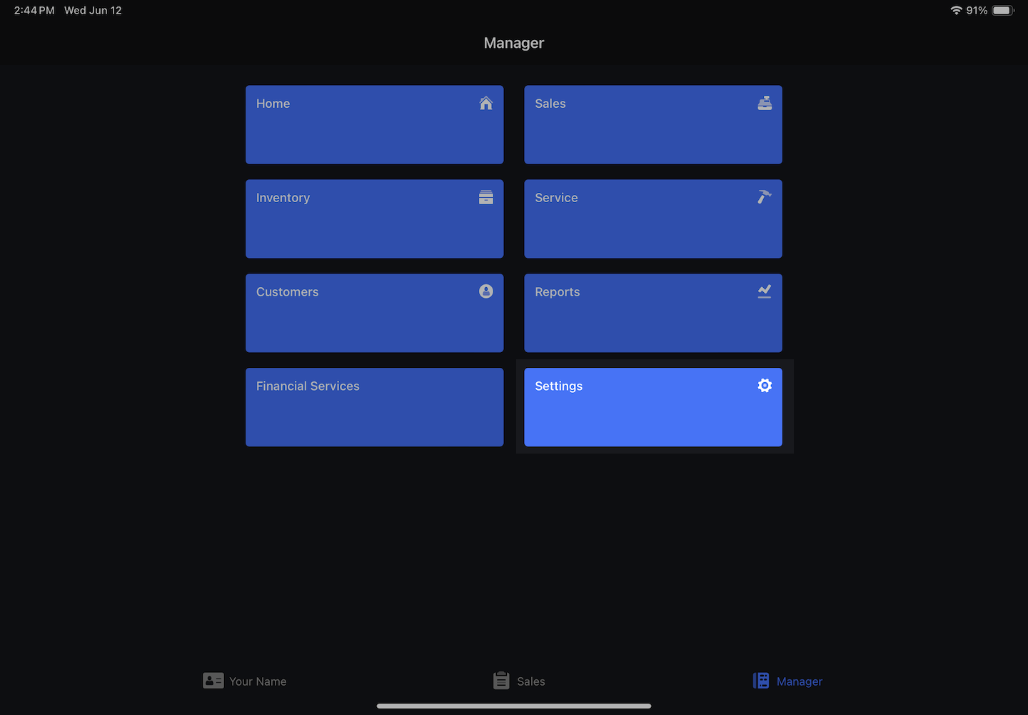 Manager tab on iPad with Settings option emphasized.