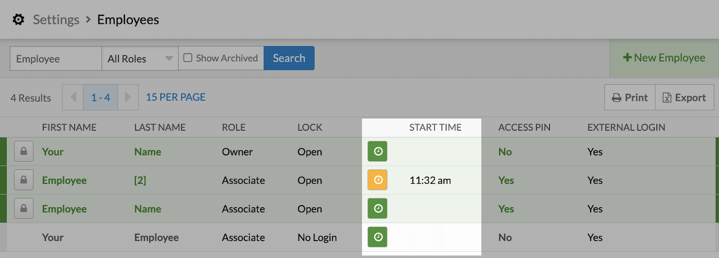 List of employees with clock icons and Start Time column emphasized.