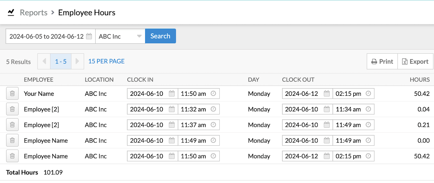 List of employee time entries with options to edit the entries.