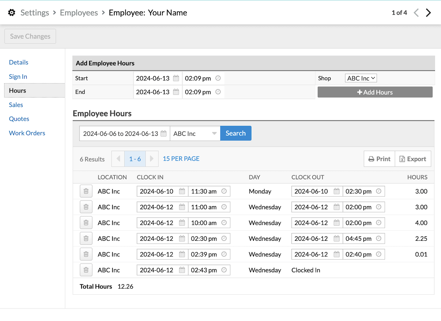 List of the employee's time entries.