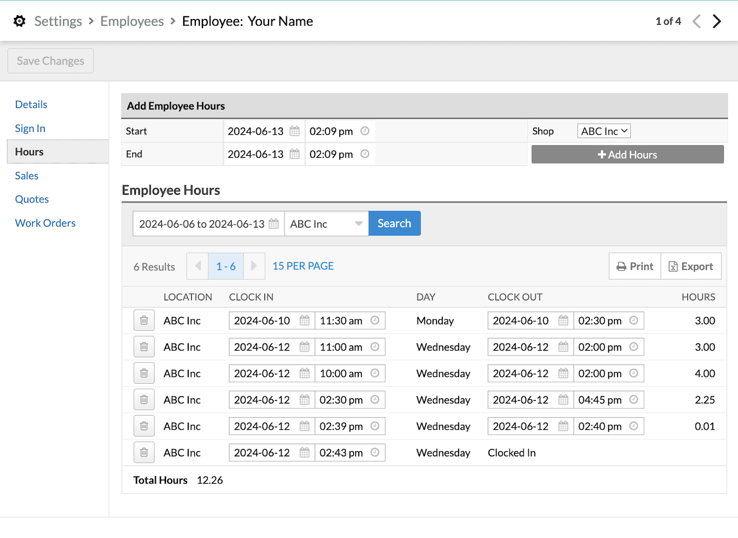 Liste des données de pointage de l’employé.