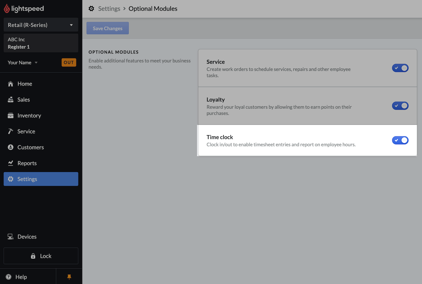 List of Optional Modules with Time Clock emphasized and toggled on.