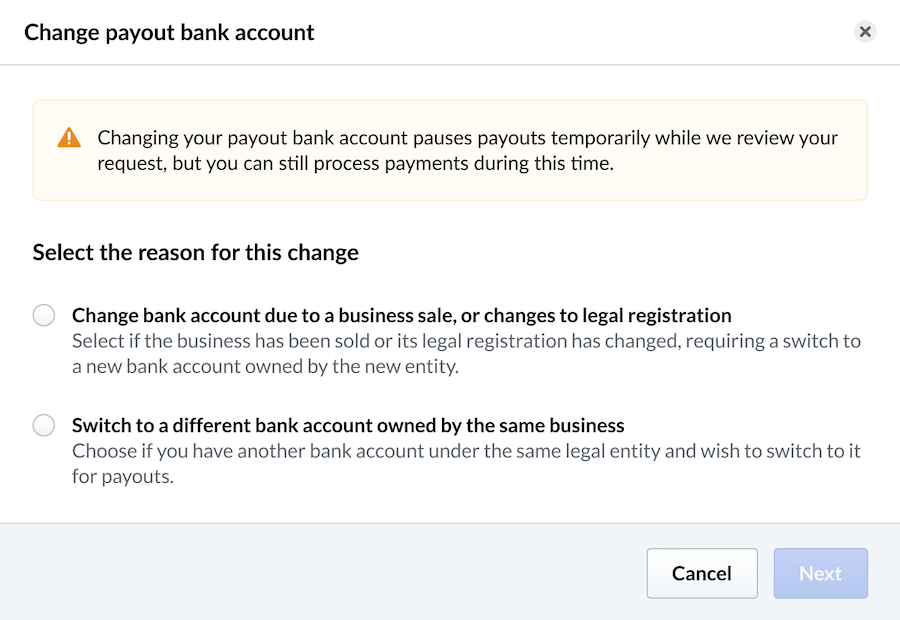 Image displays a pop-up window asking for the reason for the bank account change.