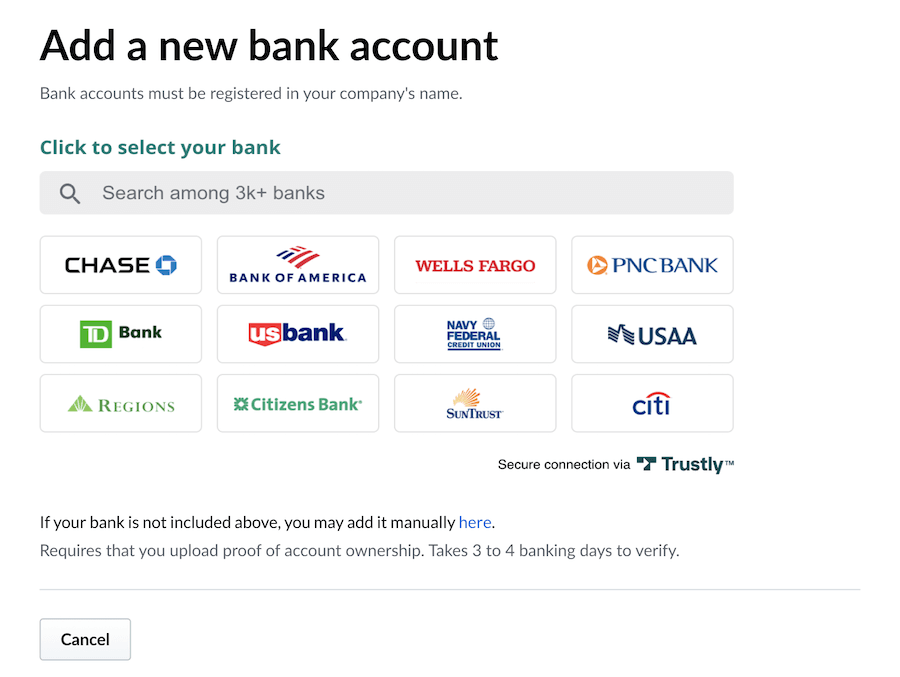 Image displays a list of supported banks. The option to add a bank manually is also visible.