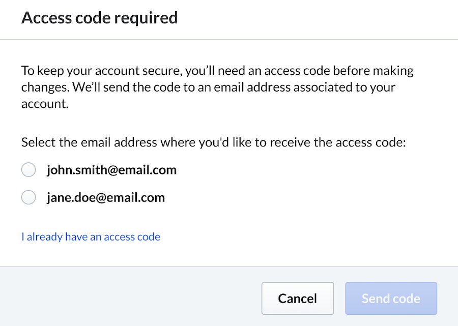 Image displays a pop-up window requesting which email address the confirmation code should be sent to.