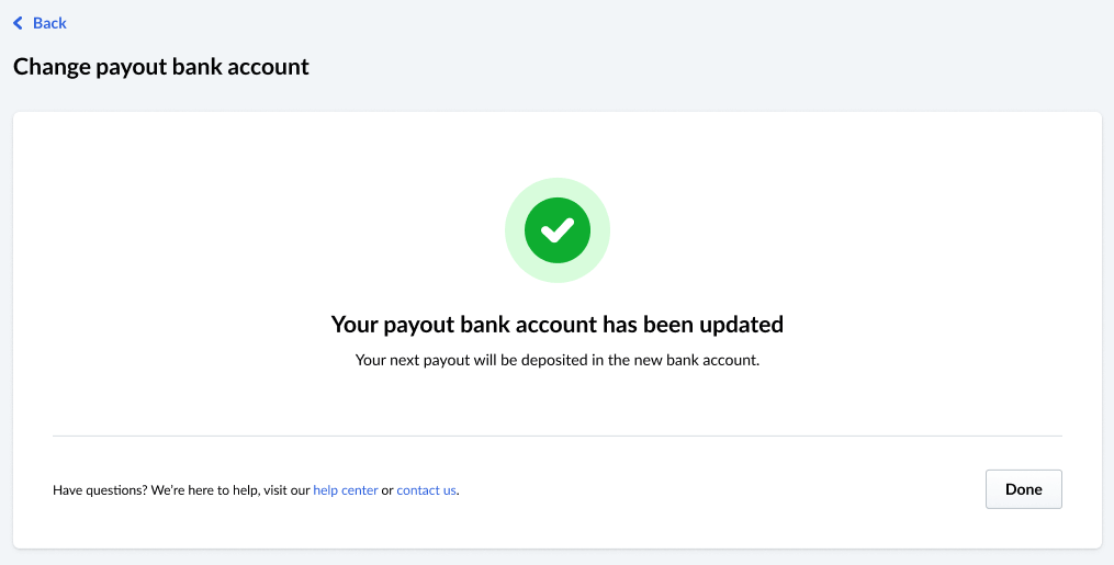 Image reads 'Your payout bank account has been updated!' with a green checkmark visible.