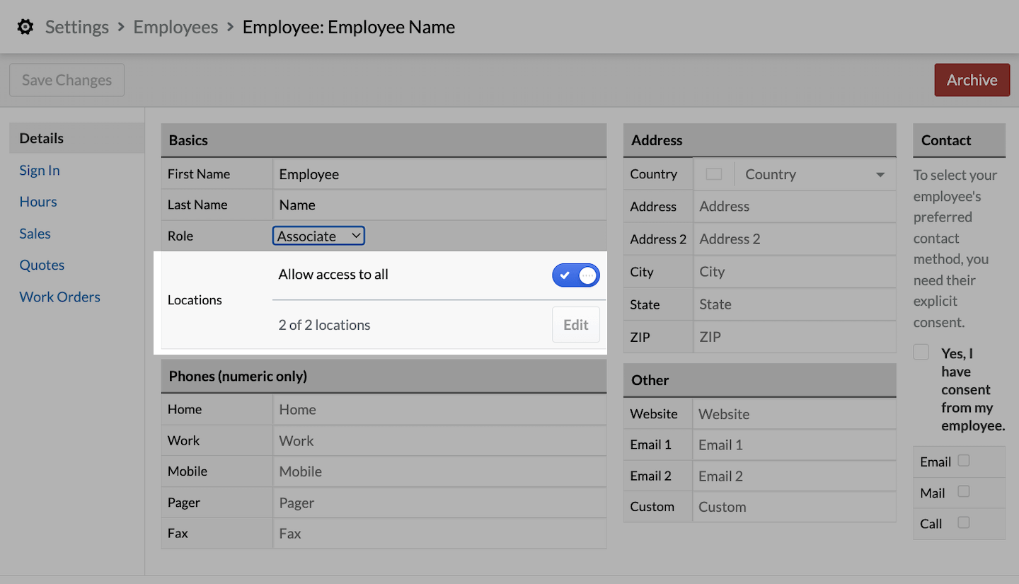 Page de l’employé, la section Boutiques est mise en évidence.
