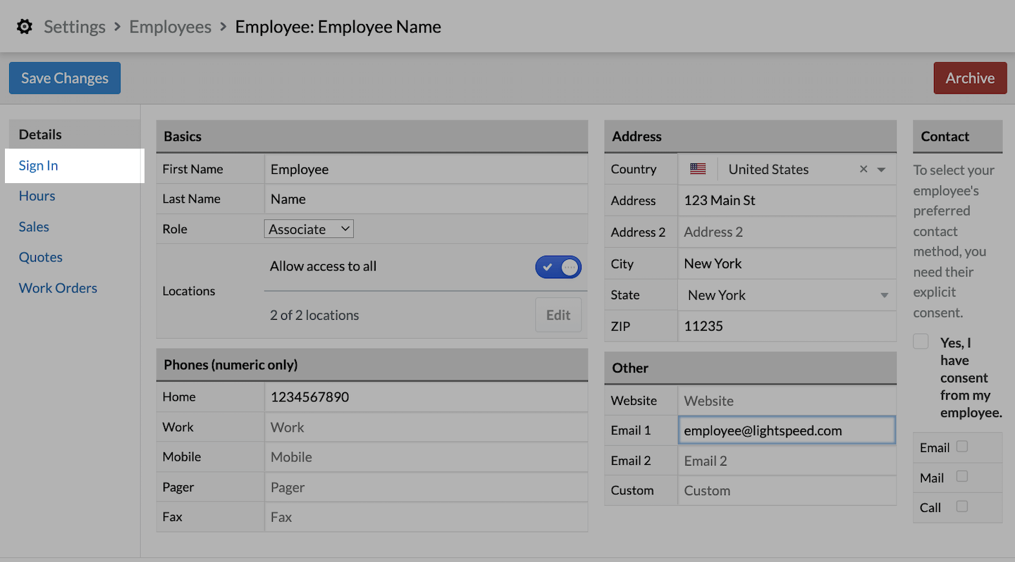 Page de l’employé, l’onglet Connexion est mis en évidence.