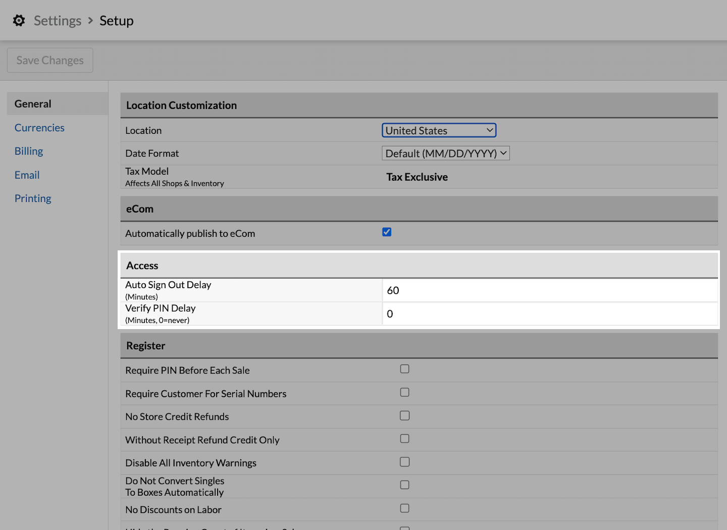 De pagina Configuratie, met de sectie Toegang uitgelicht en met opties voor Vertraging automatisch uitloggen en Vertraging verificatie pincode.