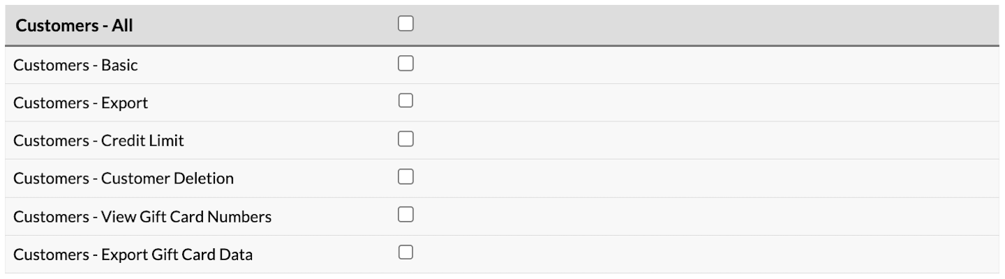 Customers permissions options.