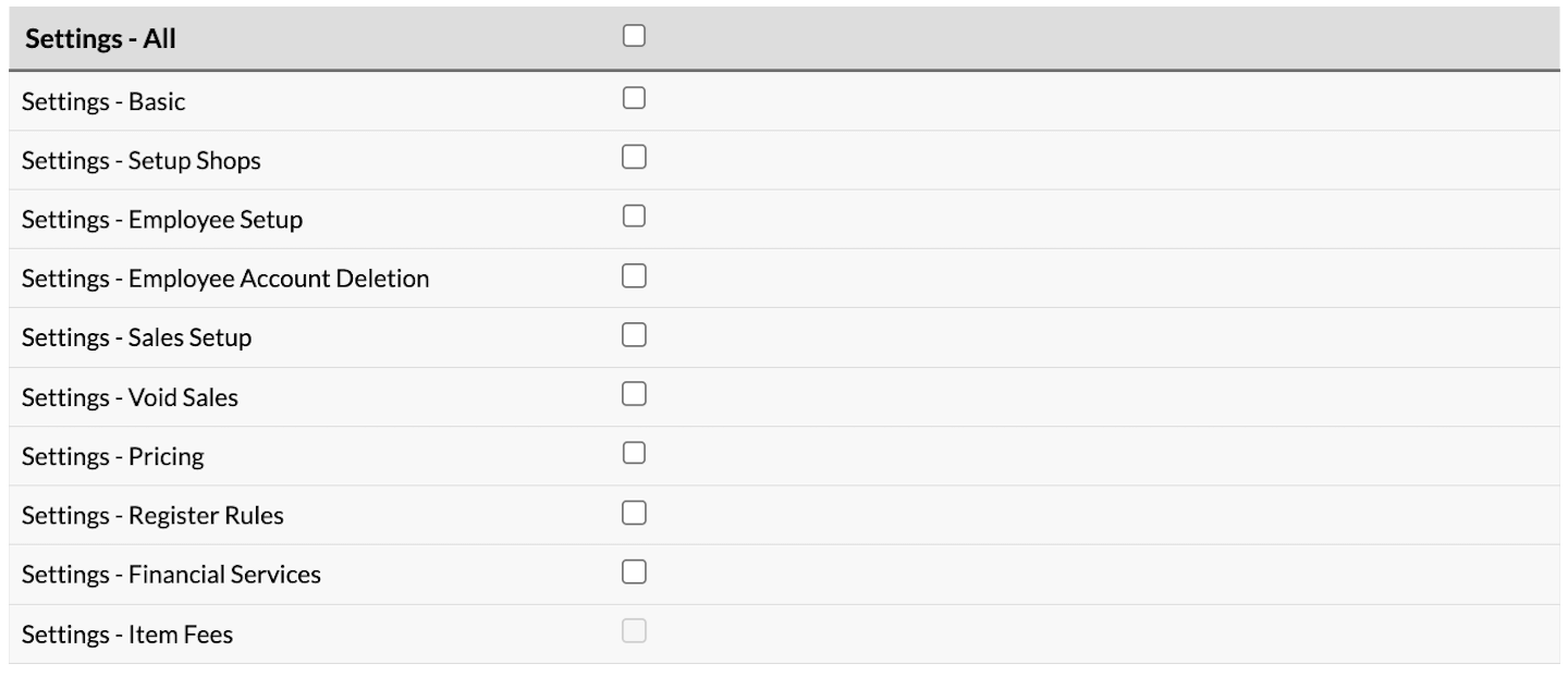 Settings permissions options.